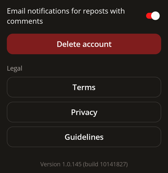 The bottom of the GunClub.Social Settings screen, showing the Delete account button above the Terms, Privacy and Guidelines links.